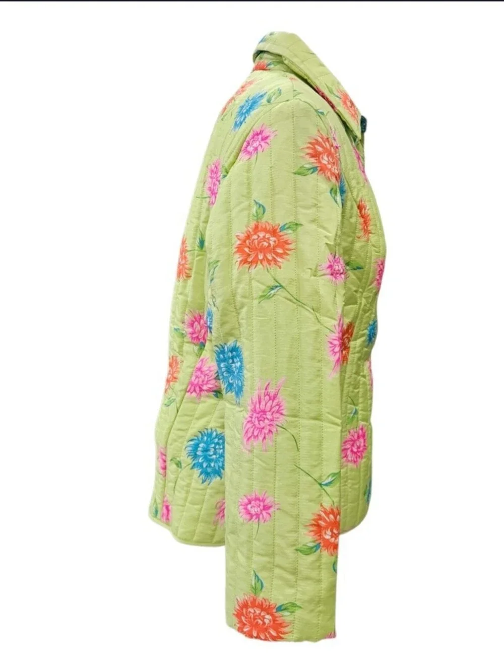VTG Silkland 100% Silk Lime Green Floral Quilted Jacket Blazer Sz M Blue Pink